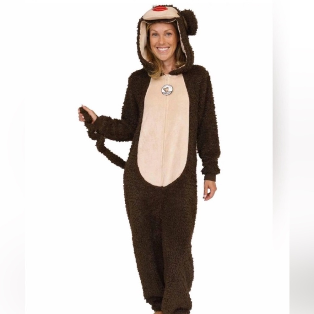 Brown Monkey Fur COSTUME ZIP suit monkey Face Red Lips Hoodie Adult Unisex L NEW